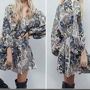 Free People Blue and Cream Paisley Long Sleeve Dress